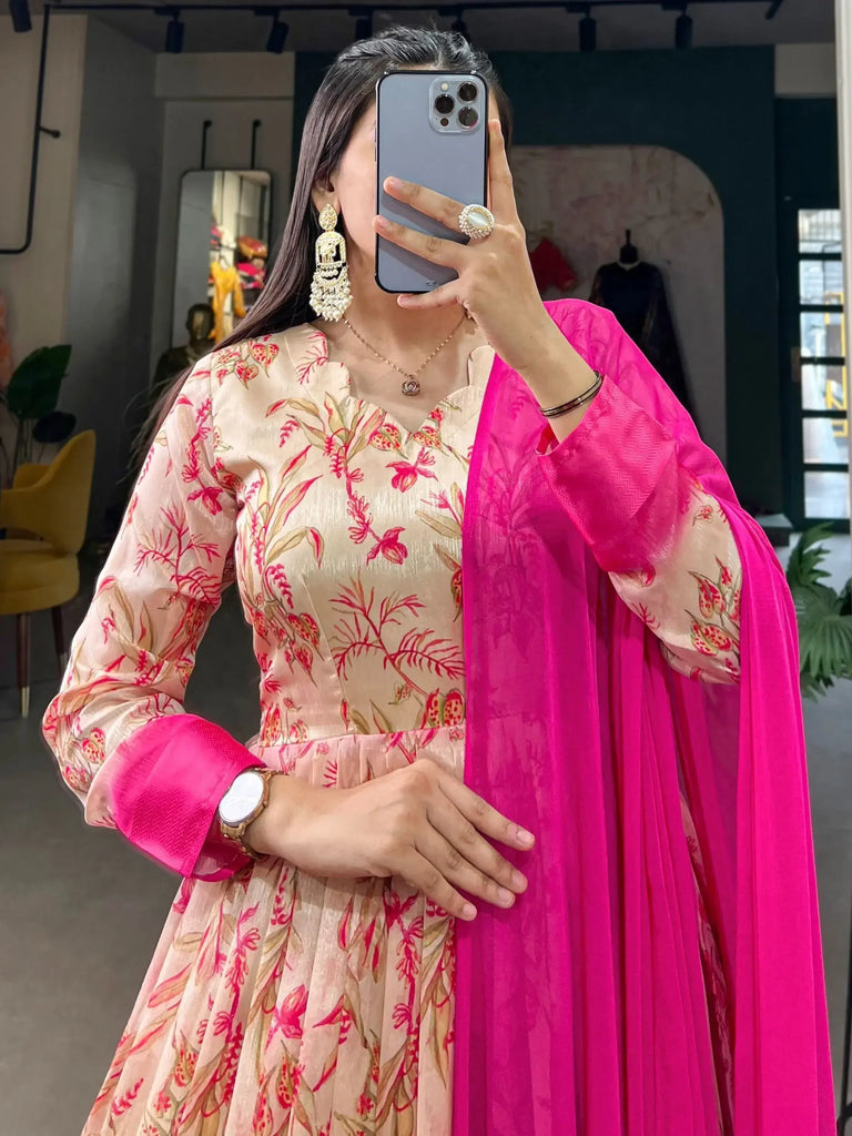 Excellent Cream Digital Printed Silk Festival Wear Gown With Dupatta