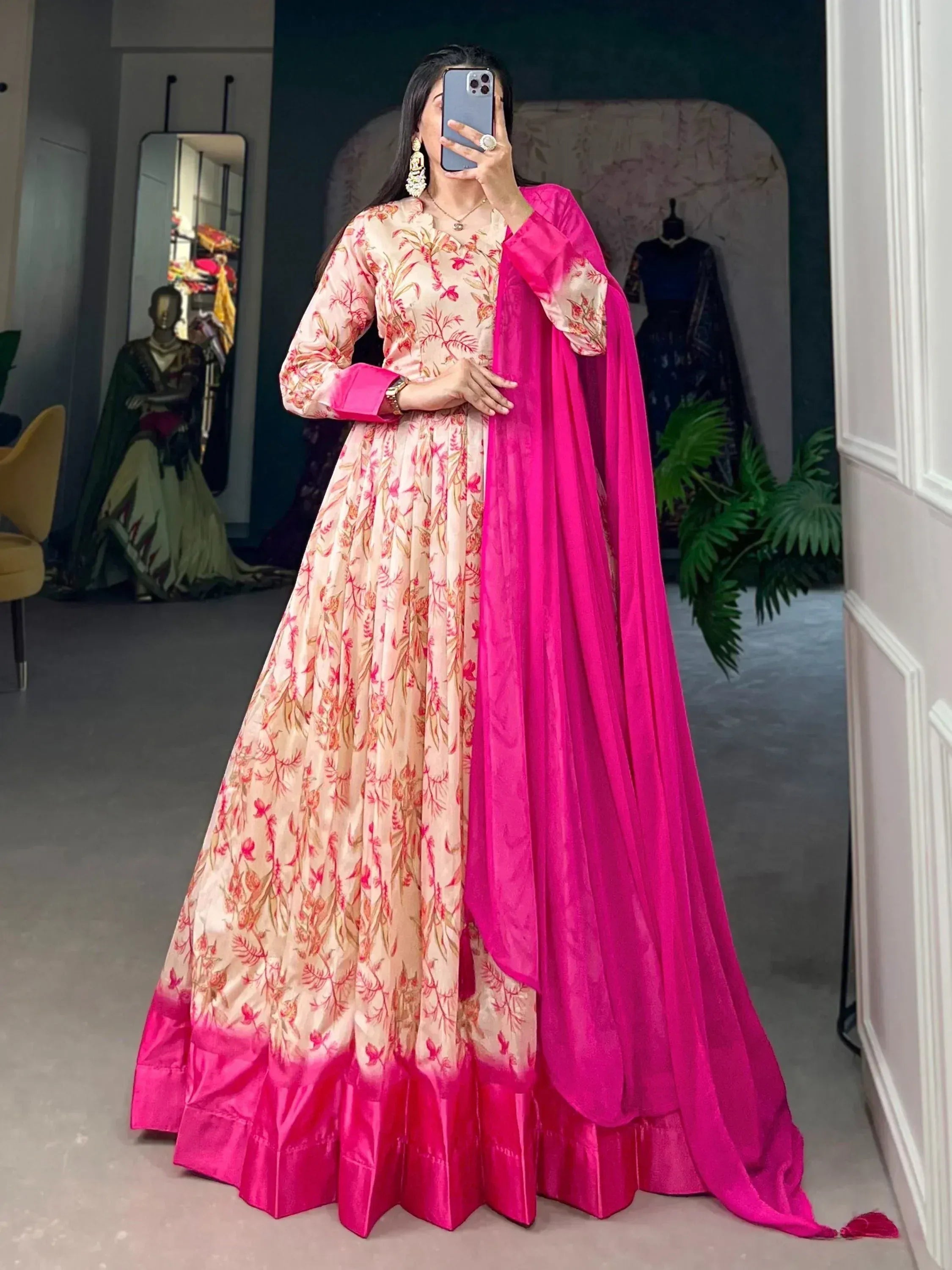 Floral print Indian anarkali suit with pink dupatta, ethnic wear for women