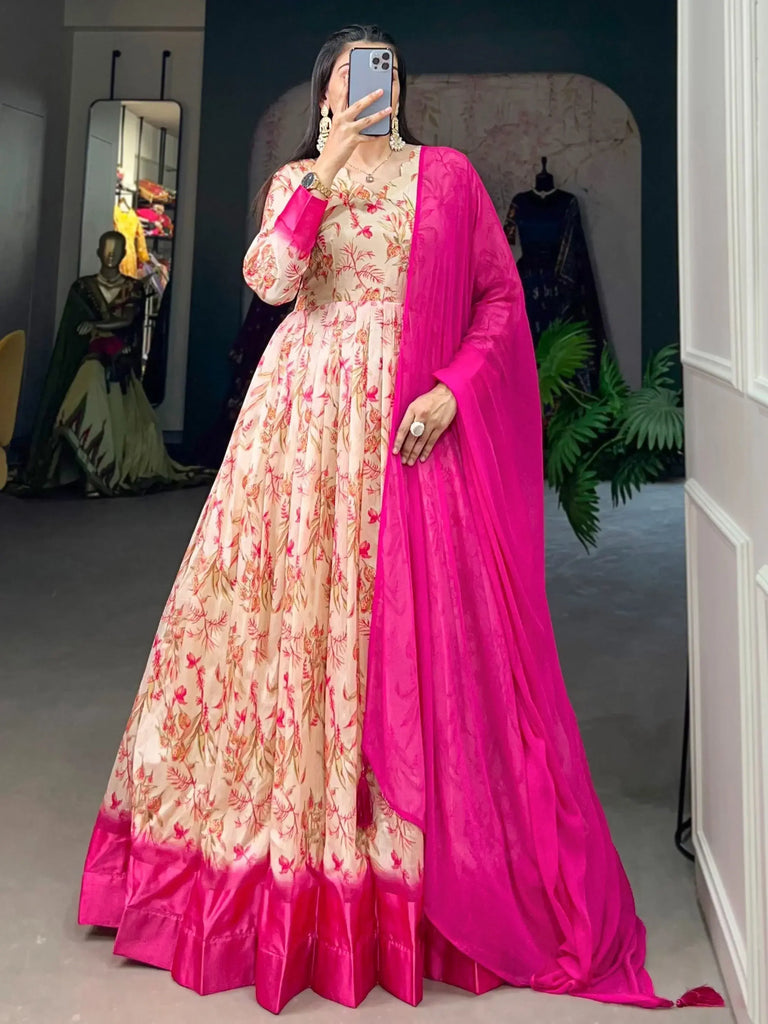 Excellent Cream Digital Printed Silk Festival Wear Gown With Dupatta