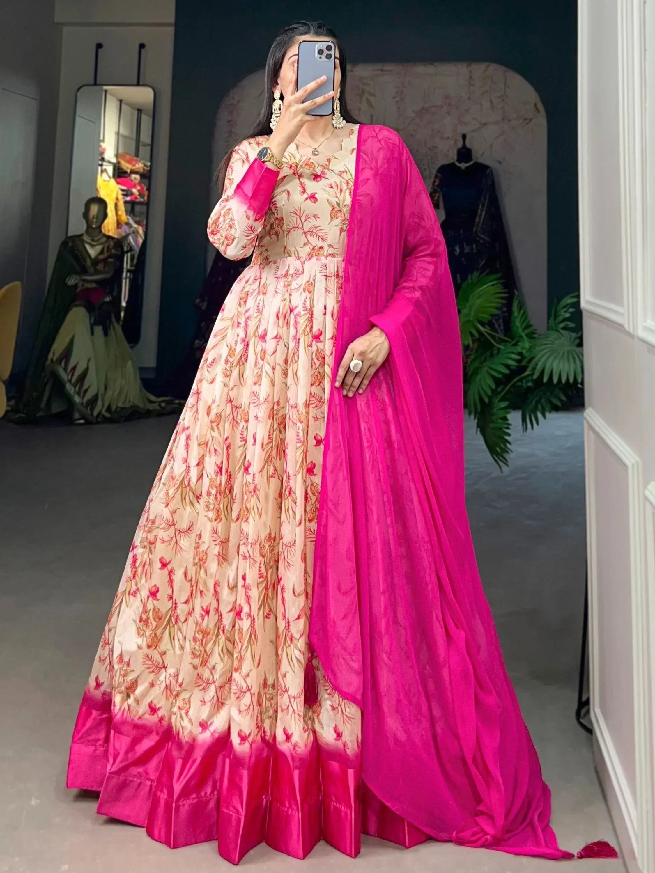 Floral print anarkali with pink dupatta, Indian ethnic wear for women