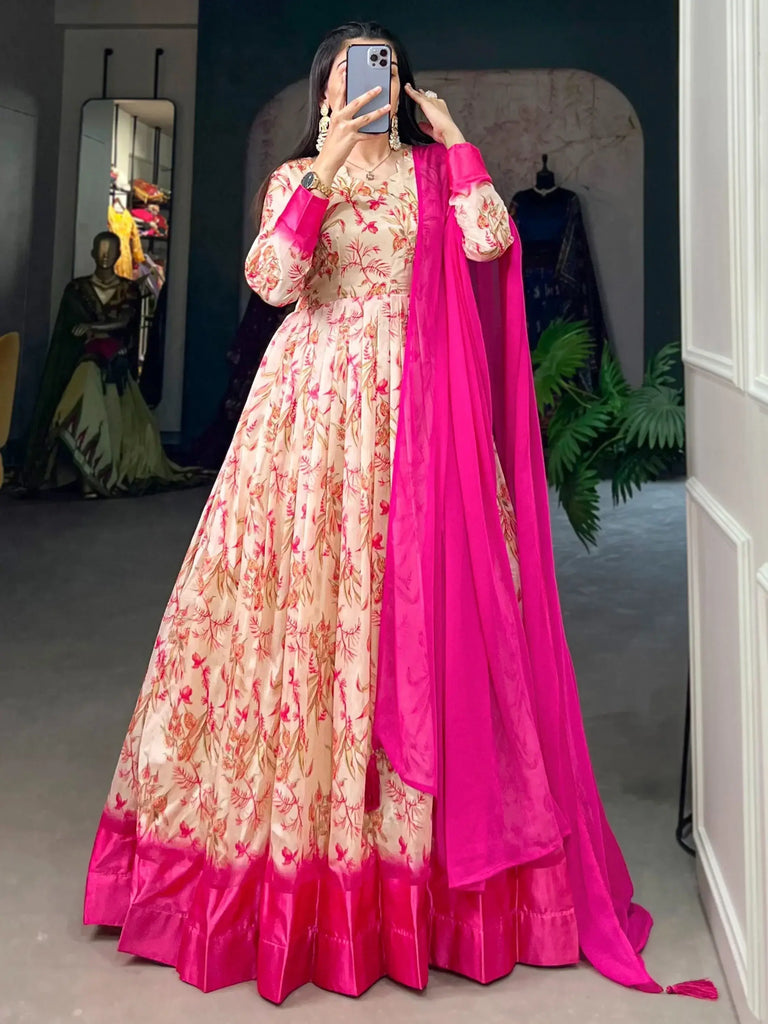 Excellent Cream Digital Printed Silk Festival Wear Gown With Dupatta