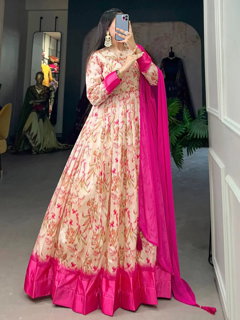 Excellent Cream Digital Printed Silk Festival Wear Gown With Dupatta