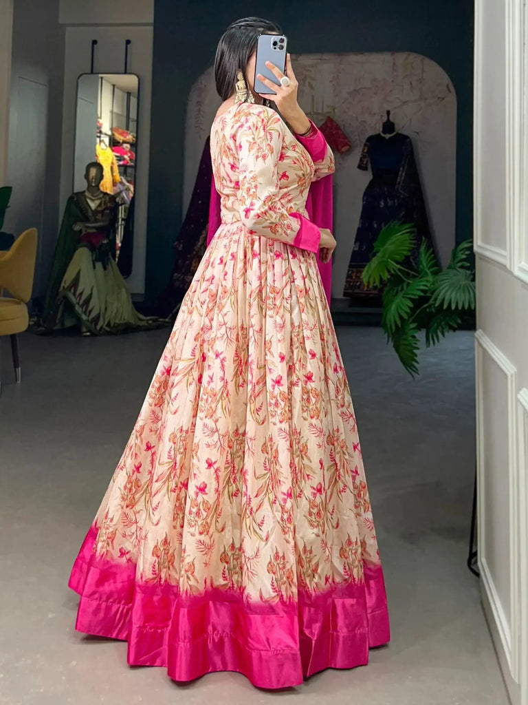 Excellent Cream Digital Printed Silk Festival Wear Gown With Dupatta