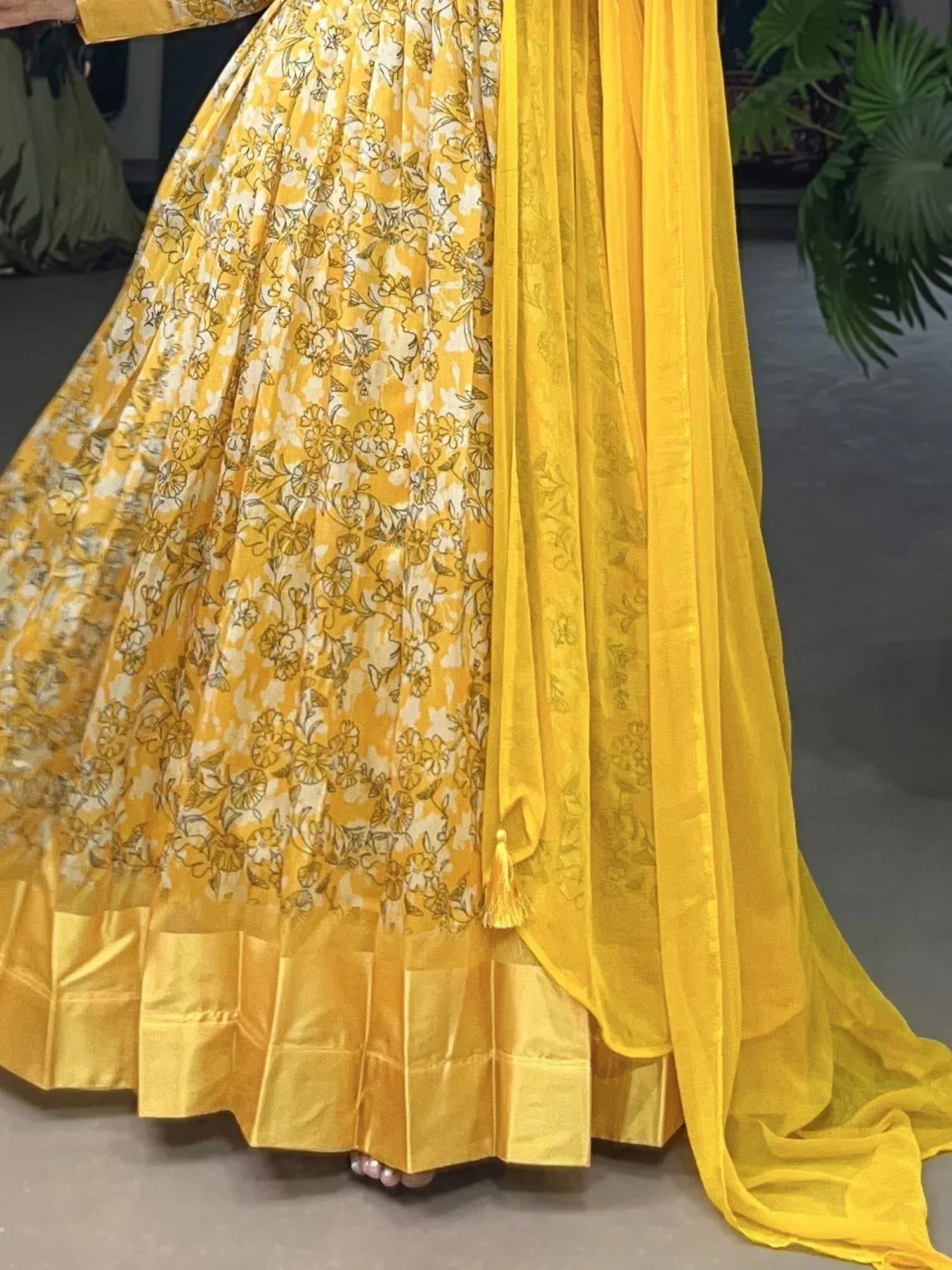 Yellow floral print lehenga choli with sheer dupatta, ethnic Indian wear