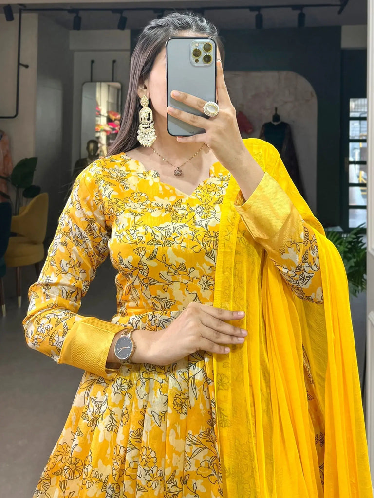 Marvelous Yellow Digital Printed Silk Event Wear Gown With Dupatta