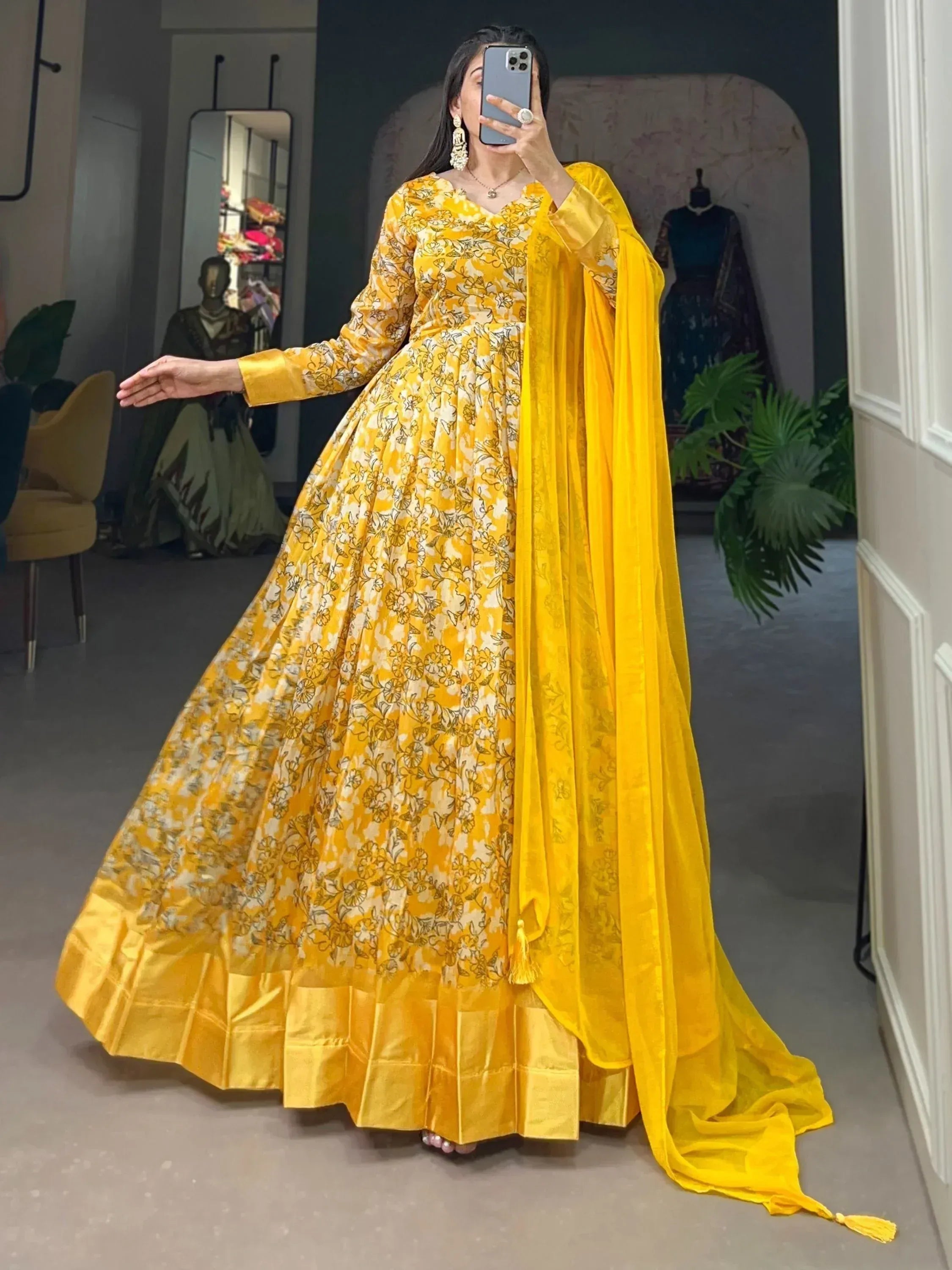 Yellow floral print anarkali suit with dupatta, Indian ethnic wear for women