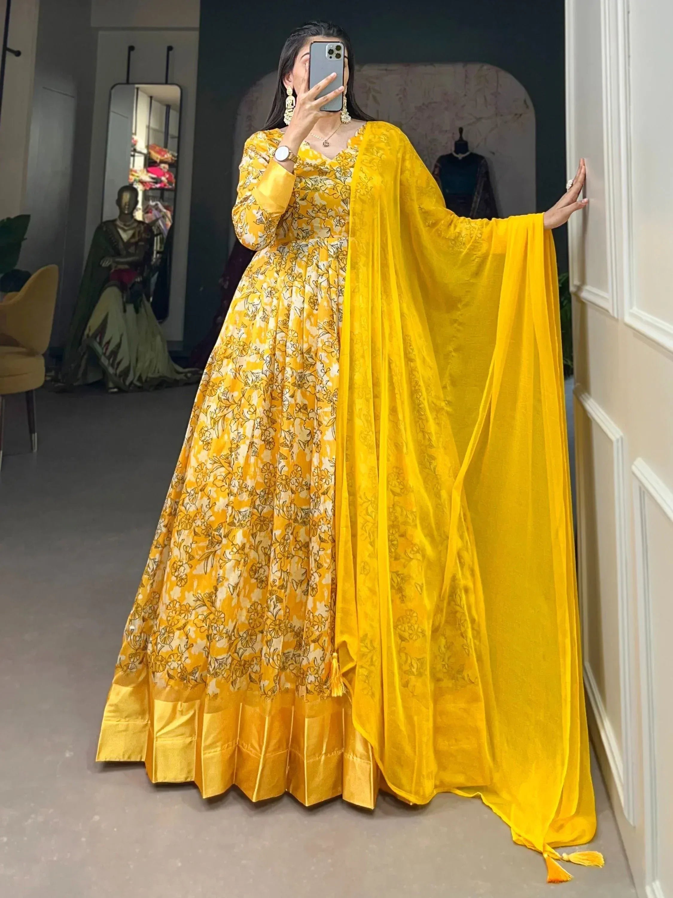Yellow floral print anarkali suit with matching dupatta, ethnic Indian wear for women