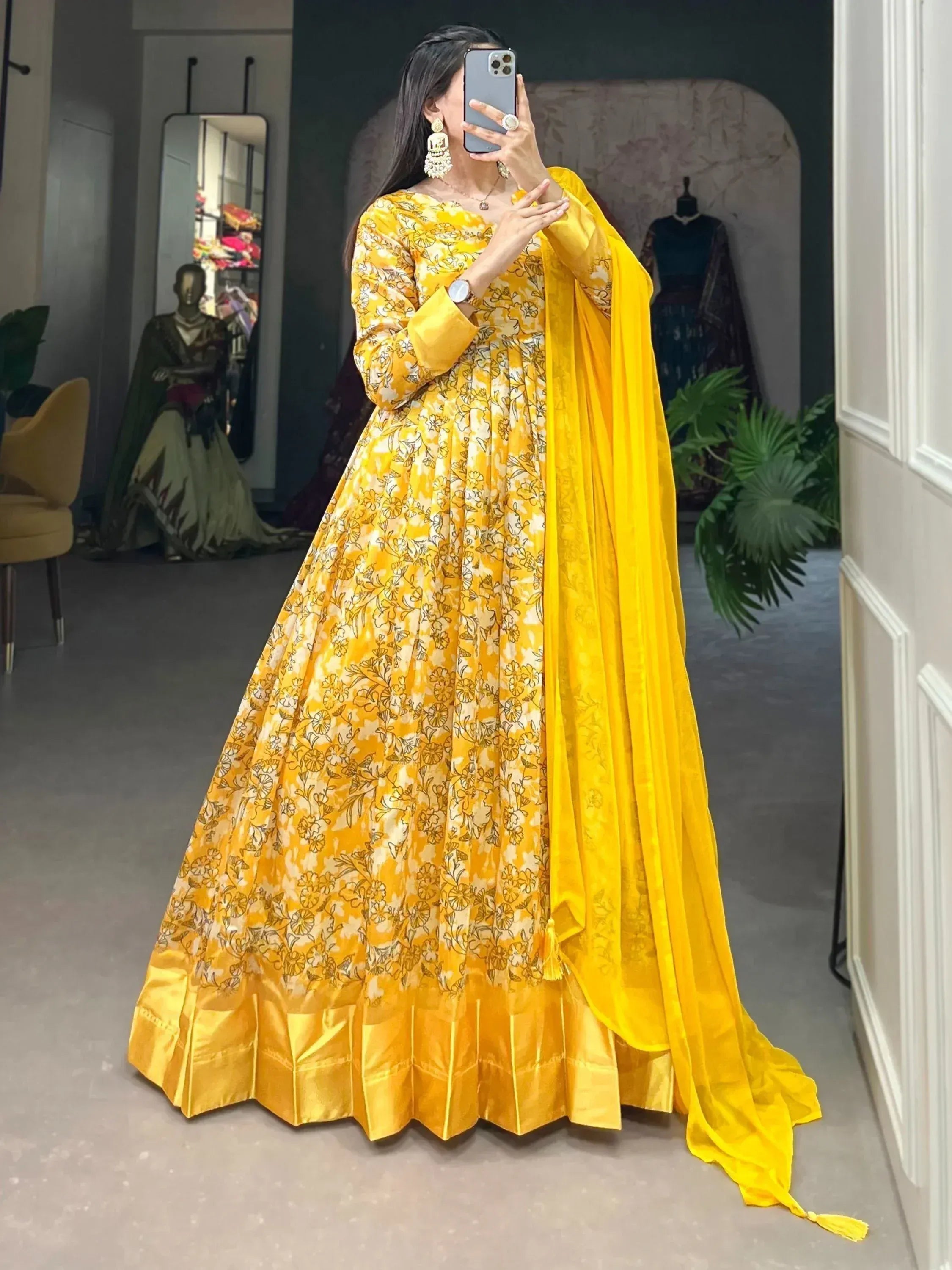 Yellow floral print anarkali suit with matching dupatta, ethnic Indian wear for women
