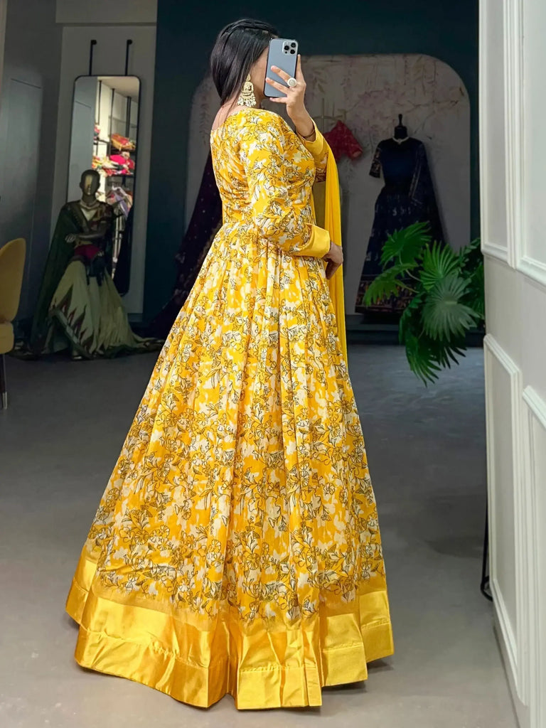 Marvelous Yellow Digital Printed Silk Event Wear Gown With Dupatta