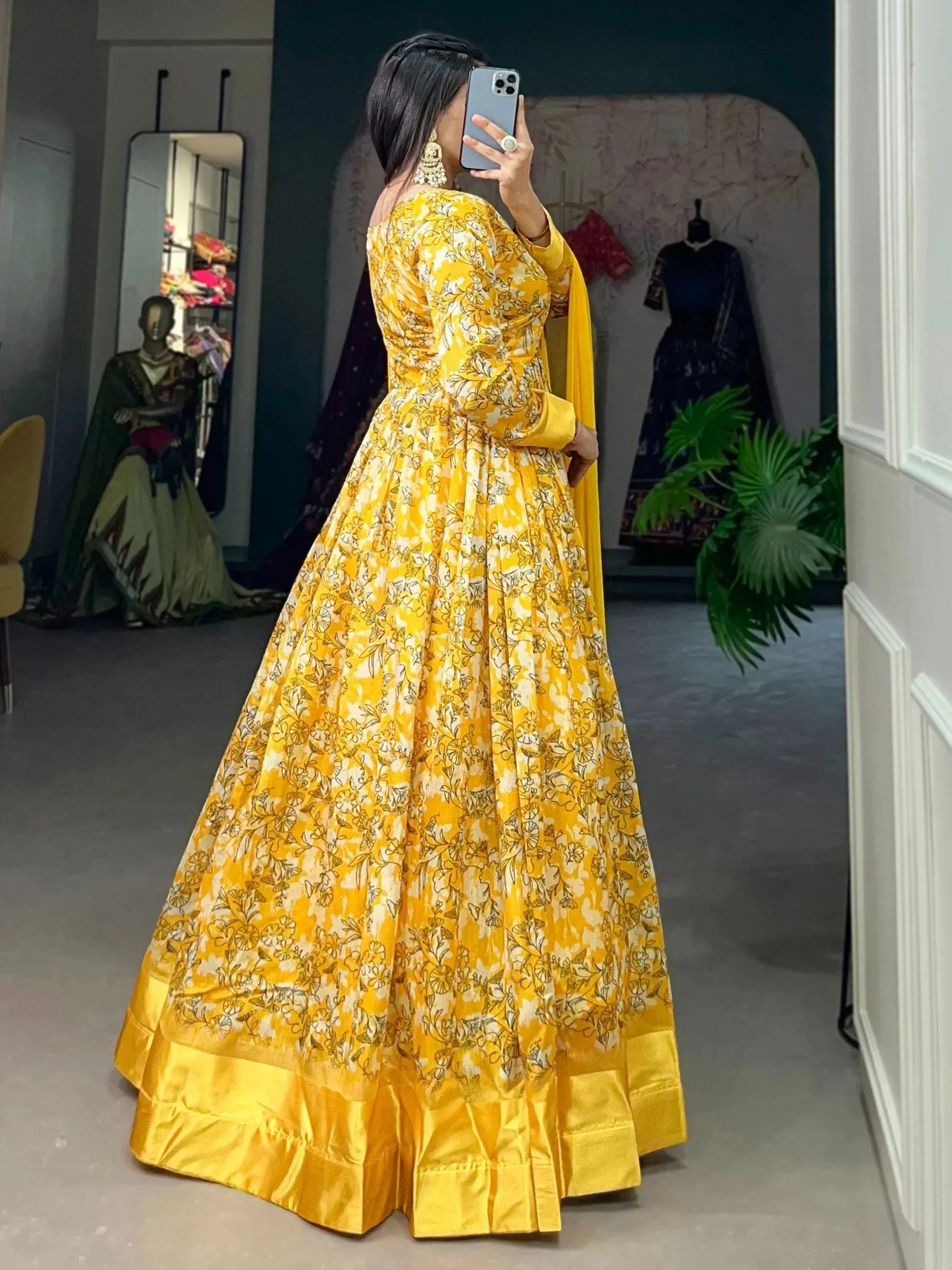 Yellow floral print anarkali suit with dupatta, ethnic Indian wear for women
