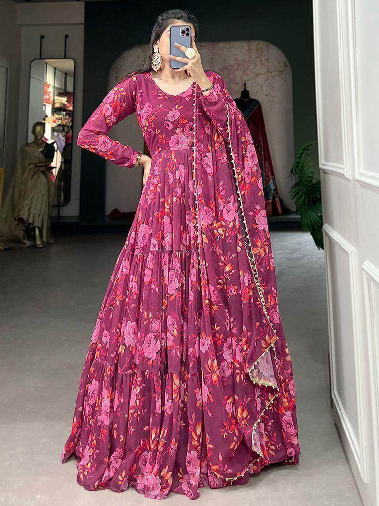 Outstanding Pink Floral Printed Georgette Festival Wear Gown