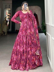 Outstanding Pink Floral Printed Georgette Festival Wear Gown