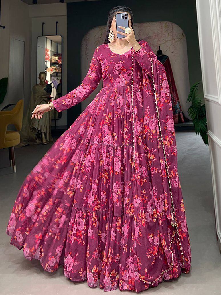 Pink floral printed ethnic gown with tiered skirt, perfect for Indian occasions and parties