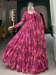 Outstanding Pink Floral Printed Georgette Festival Wear Gown