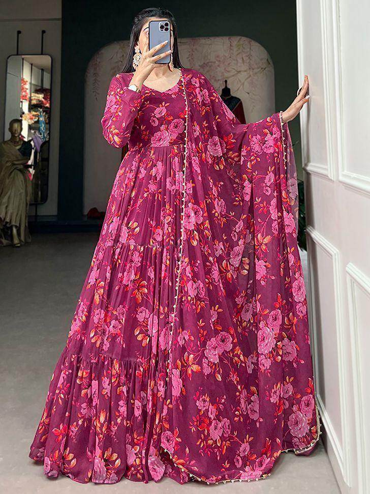 Outstanding Pink Floral Printed Georgette Festival Wear Gown