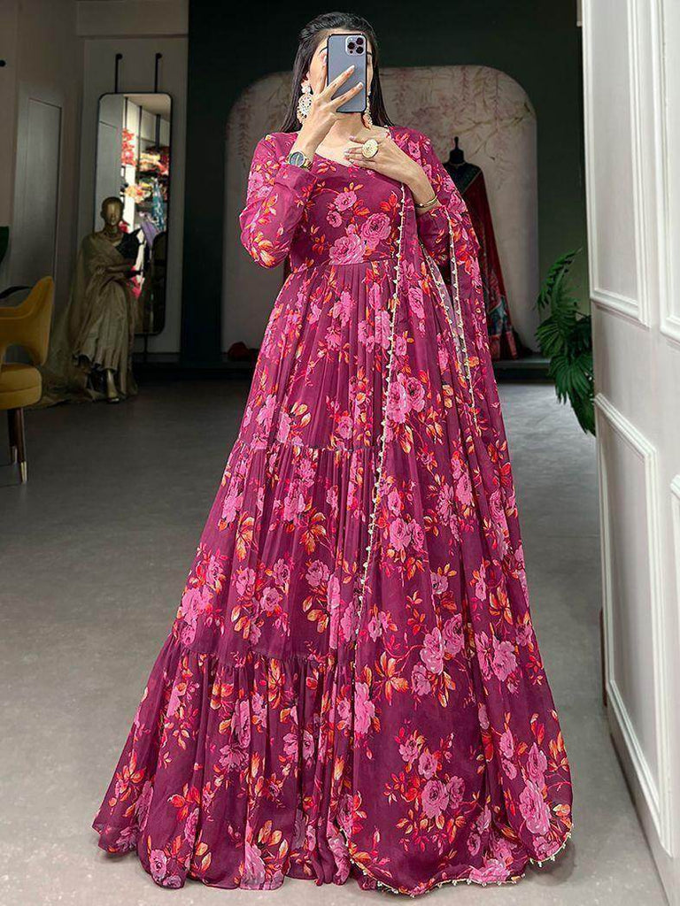 Outstanding Pink Floral Printed Georgette Festival Wear Gown