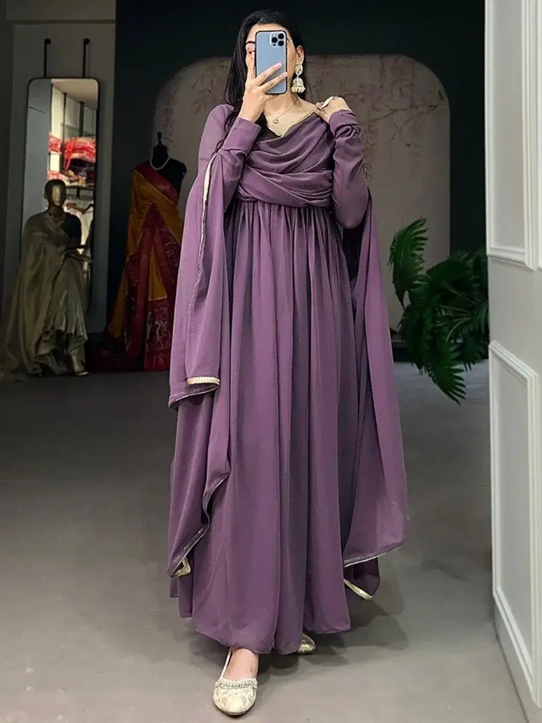 Bewitching Purple Georgette Event Wear Plain Gown With Dupatta