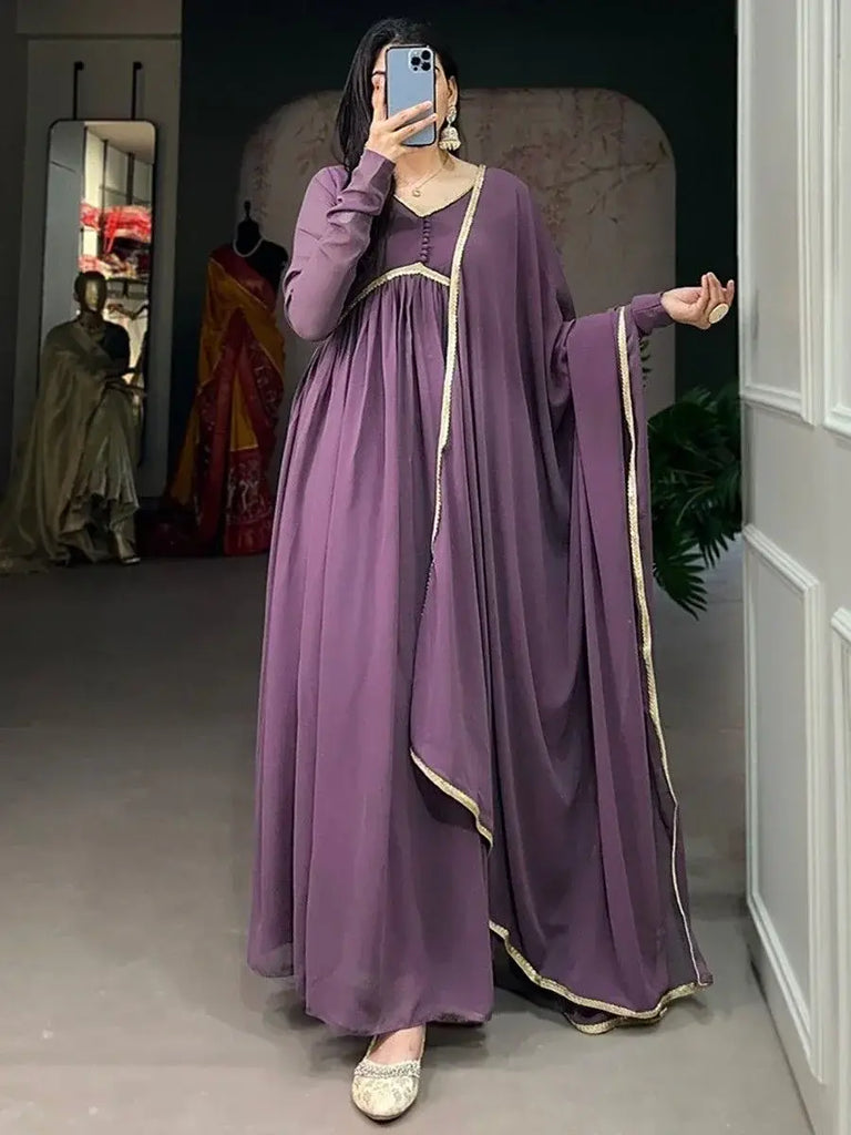 Bewitching Purple Georgette Event Wear Plain Gown With Dupatta