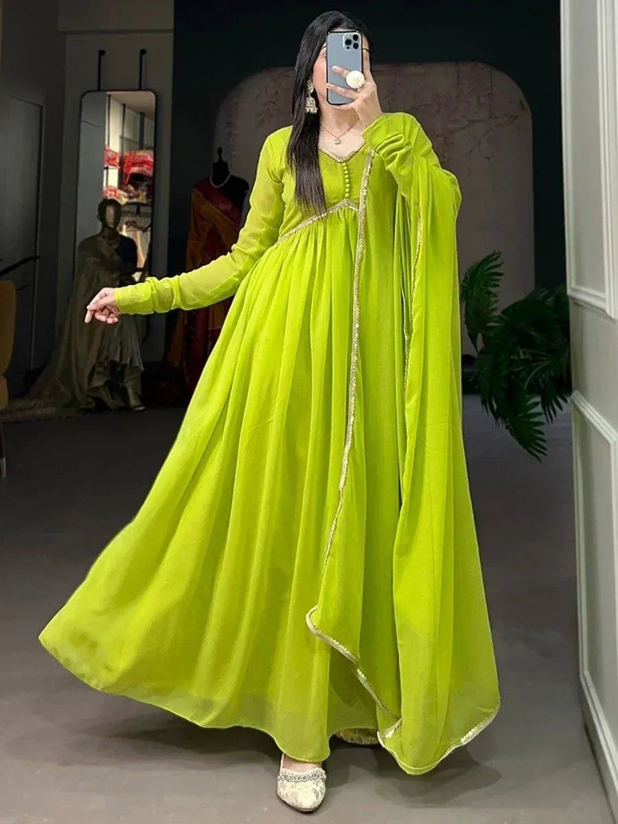 Vibrant lime green ethnic gown with gold trim, perfect for Indian celebrations and festive occasions.
