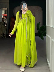 Captivating Light Green Georgette Function Wear Gown With Dupatta