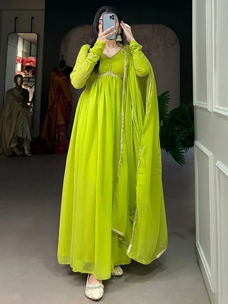 Captivating Light Green Georgette Function Wear Gown With Dupatta
