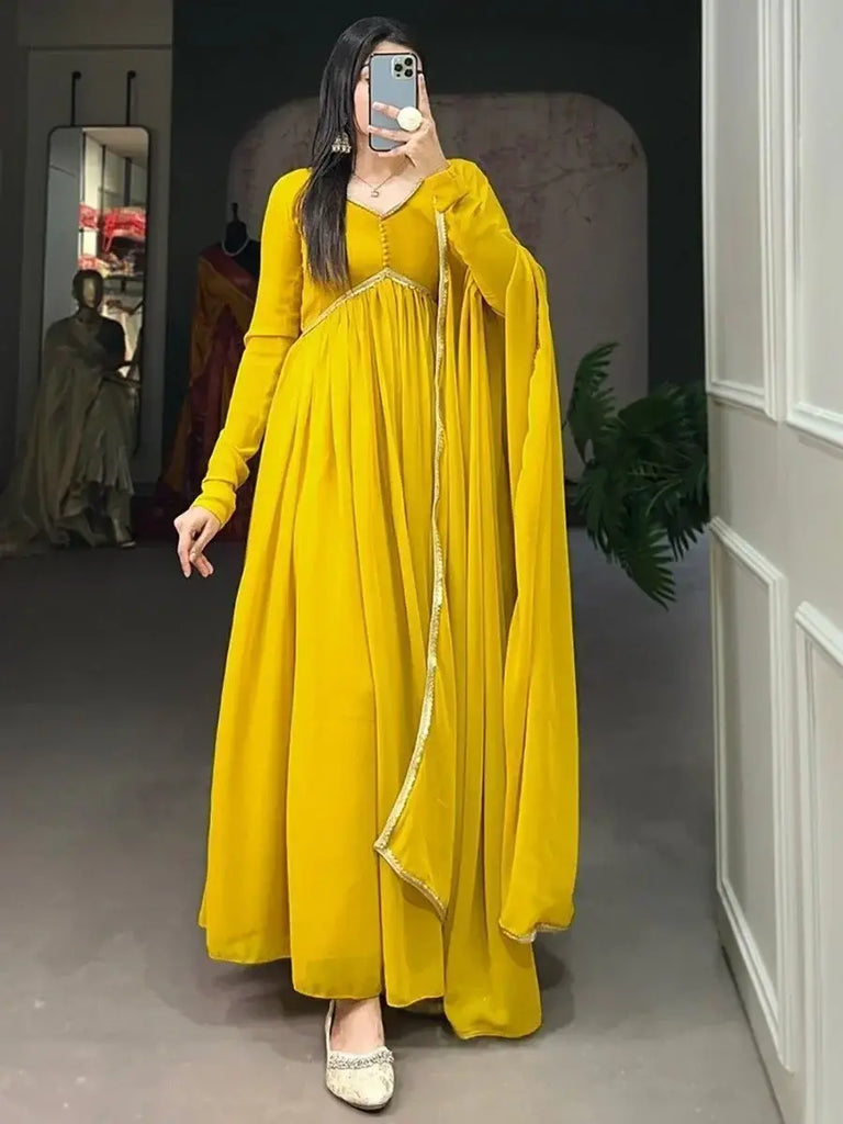 Fascinating Yellow Georgette Festival Wear Plain Gown With Dupatta