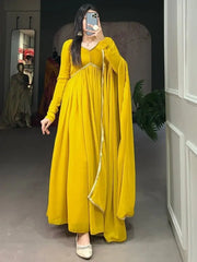 Fascinating Yellow Georgette Festival Wear Plain Gown With Dupatta