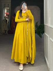 Fascinating Yellow Georgette Festival Wear Plain Gown With Dupatta
