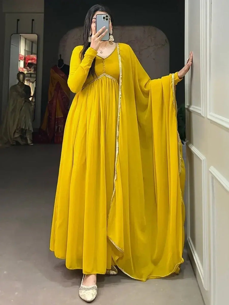 Fascinating Yellow Georgette Festival Wear Plain Gown With Dupatta