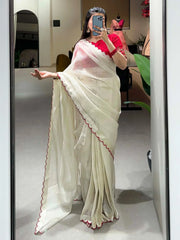 Beautiful Off-White Arca Work Tussar Silk Festival Wear Saree