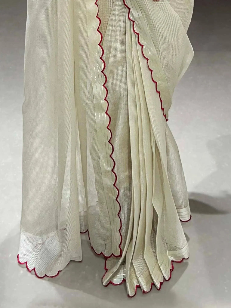 Beautiful Off-White Arca Work Tussar Silk Festival Wear Saree