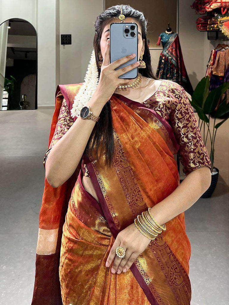 Gorgeous Orange Zari Weaving Kanjivaram Wedding Saree With Blouse