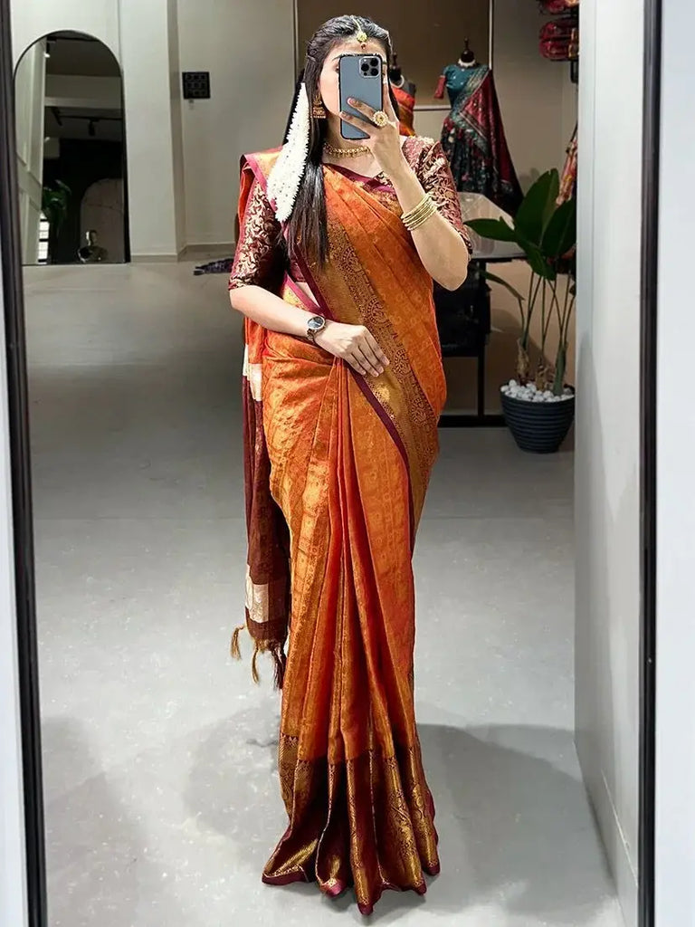 Gorgeous Orange Zari Weaving Kanjivaram Wedding Saree With Blouse