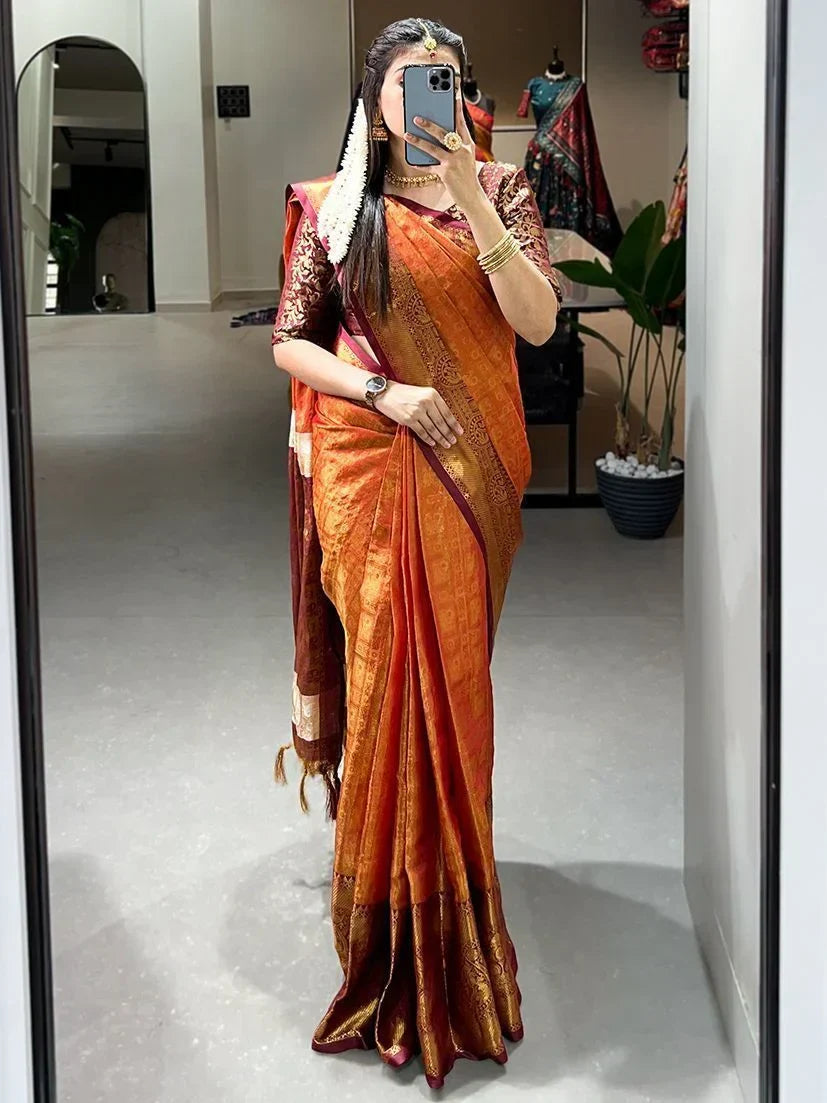 Gorgeous Orange Zari Weaving Kanjivaram Wedding Saree With Blouse