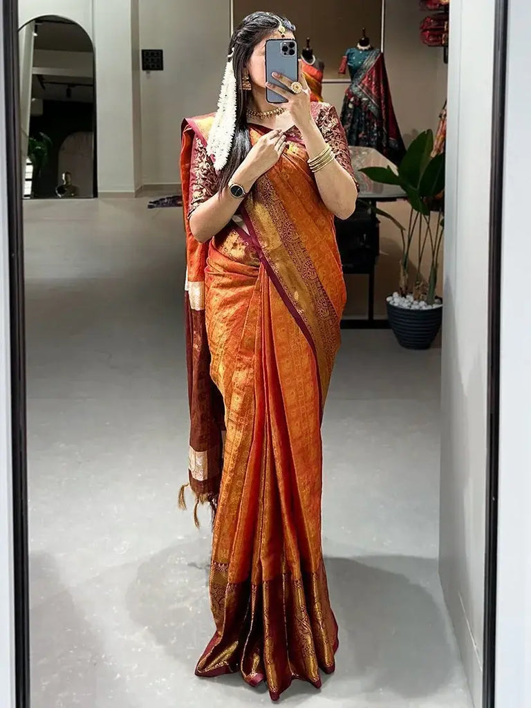Gorgeous Orange Zari Weaving Kanjivaram Wedding Saree With Blouse