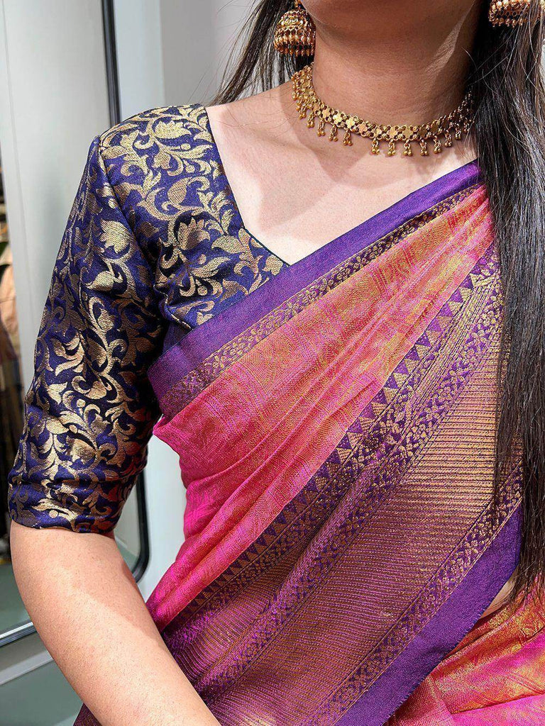 Attractive Pink Zari Weaving Kanjivaram Function Wear Saree With Blouse