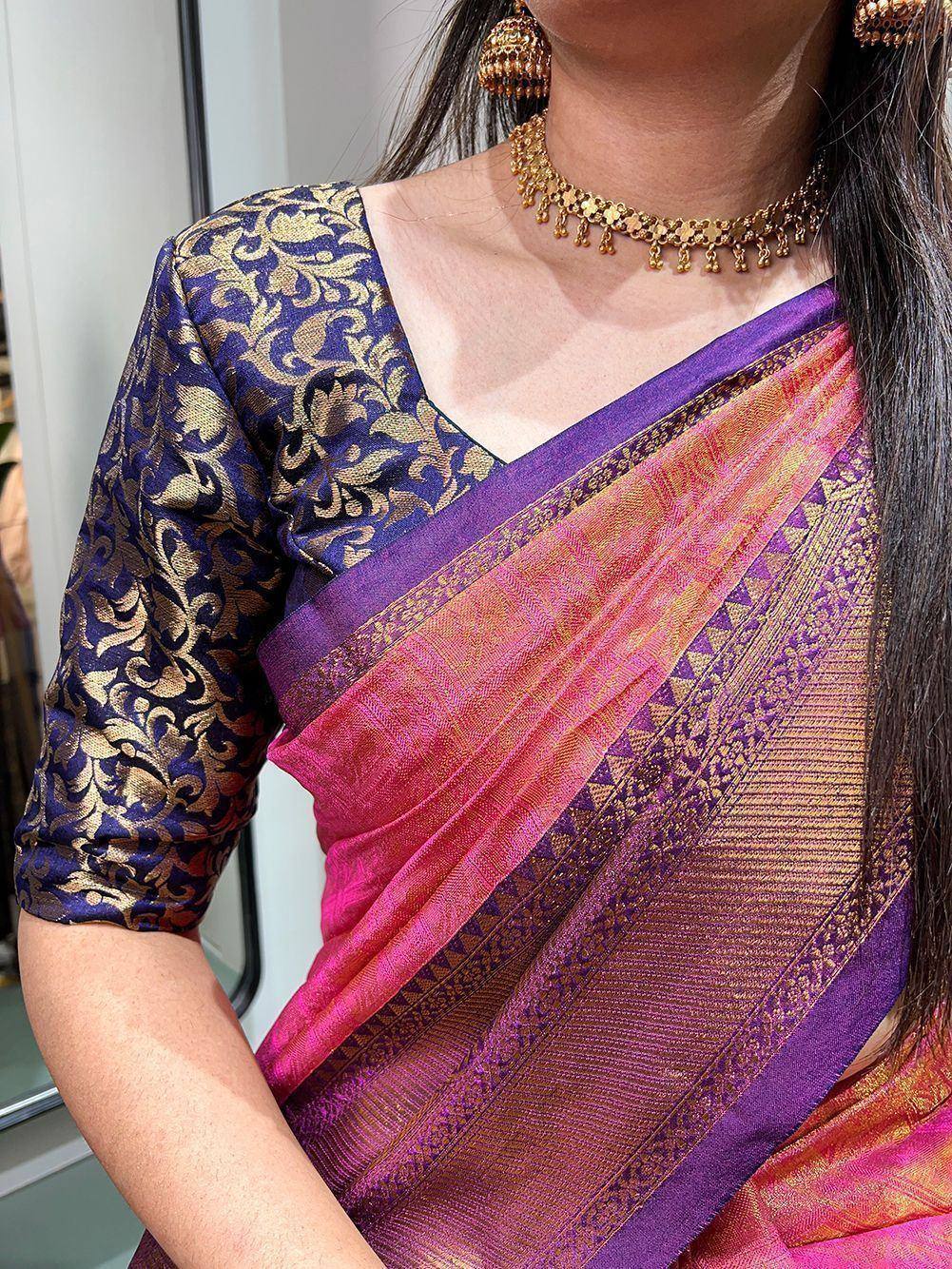 Elegant purple and pink saree with gold floral blouse, traditional Indian ethnic wear