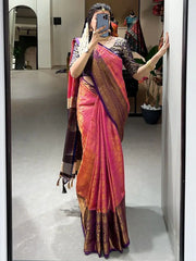 Attractive Pink Zari Weaving Kanjivaram Function Wear Saree With Blouse