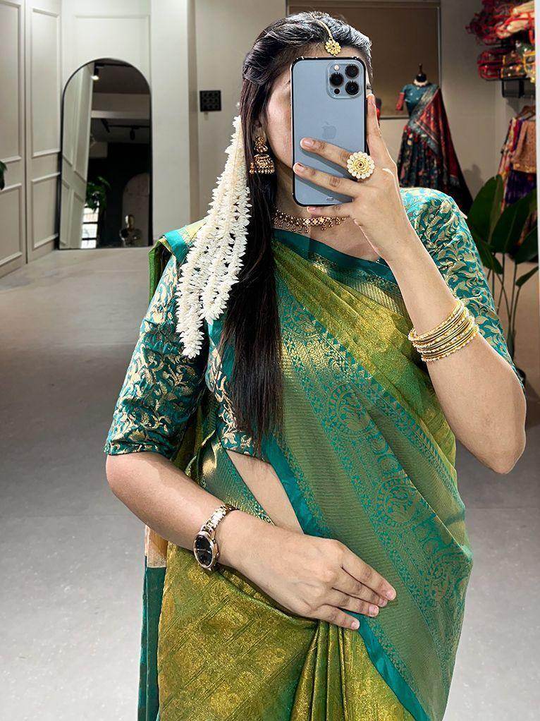 Alluring Green Zari Weaving Kanjivaram Traditional Saree With Blouse