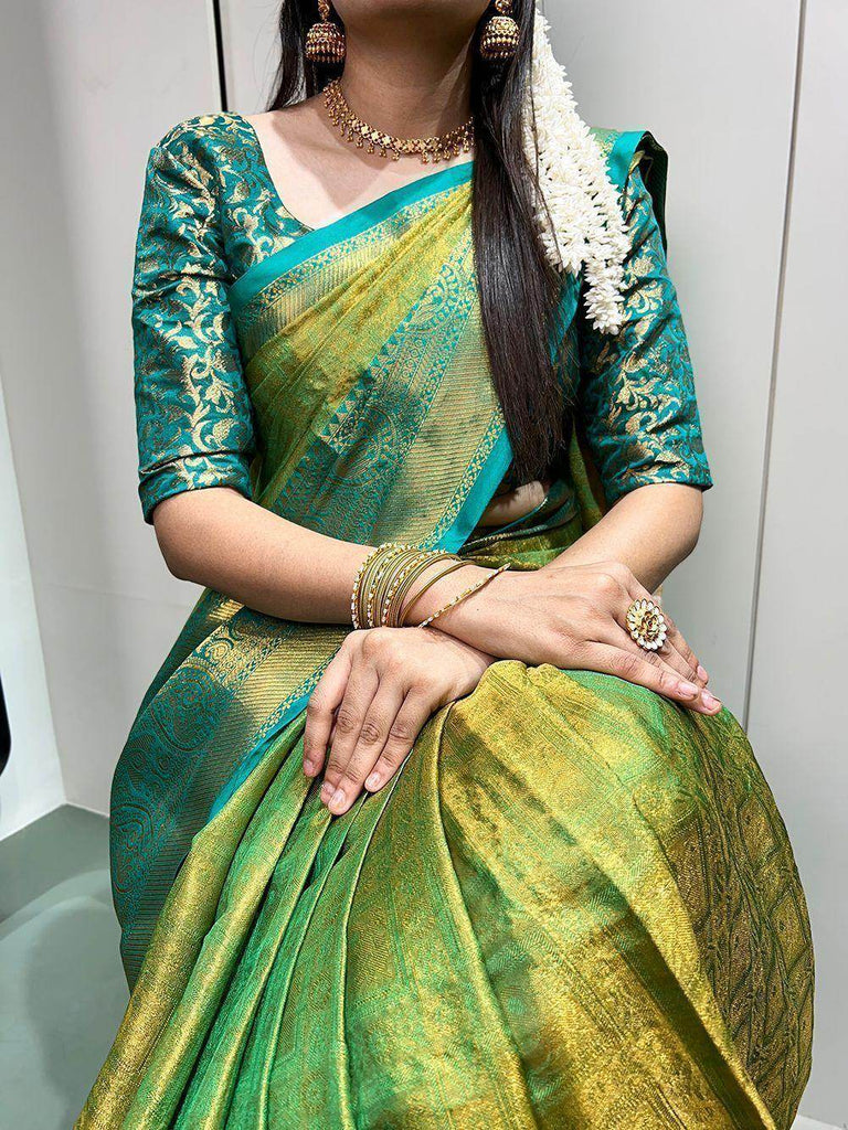 Alluring Green Zari Weaving Kanjivaram Traditional Saree With Blouse