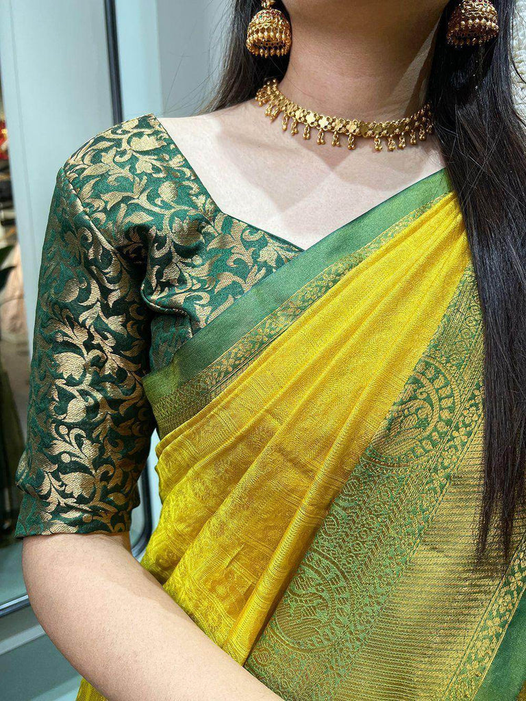 Beautiful Yellow Zari Weaving Kanjivaram Wedding Saree With Blouse