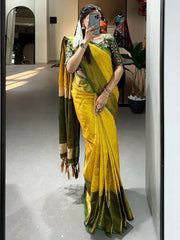 Beautiful Yellow Zari Weaving Kanjivaram Wedding Saree With Blouse