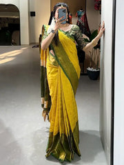 Beautiful Yellow Zari Weaving Kanjivaram Wedding Saree With Blouse