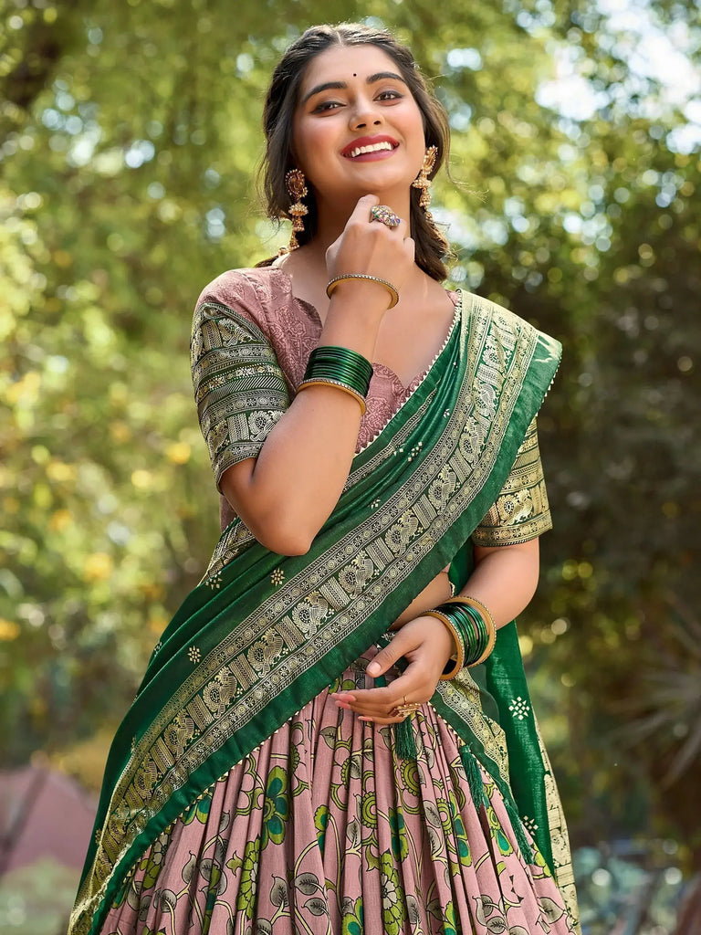 Beautiful Dusty Pink Kalamkari Printed Silk Festival Wear Lehenga Choli