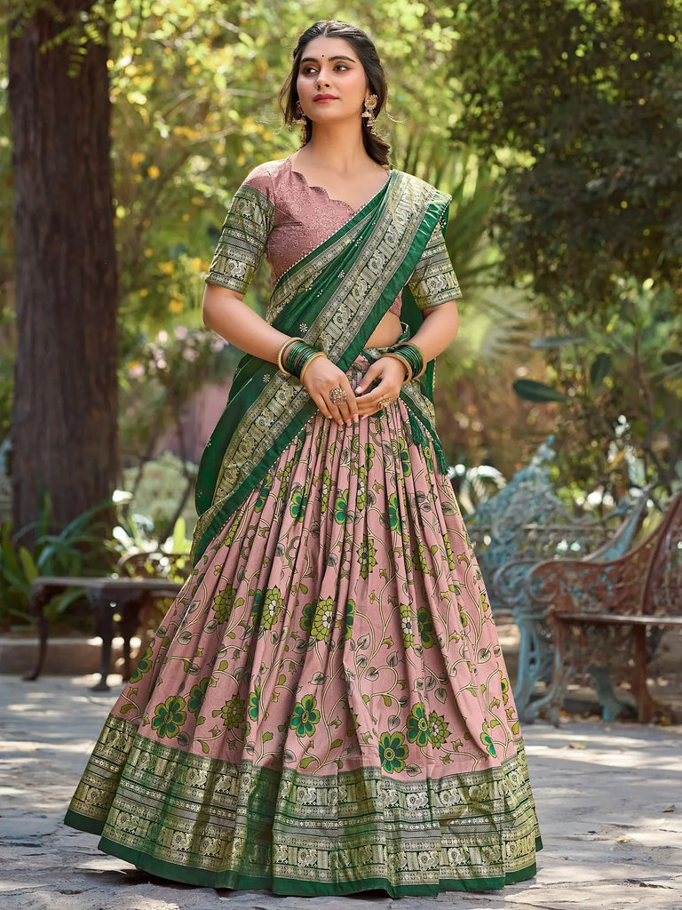 Beautiful Dusty Pink Kalamkari Printed Silk Festival Wear Lehenga Choli