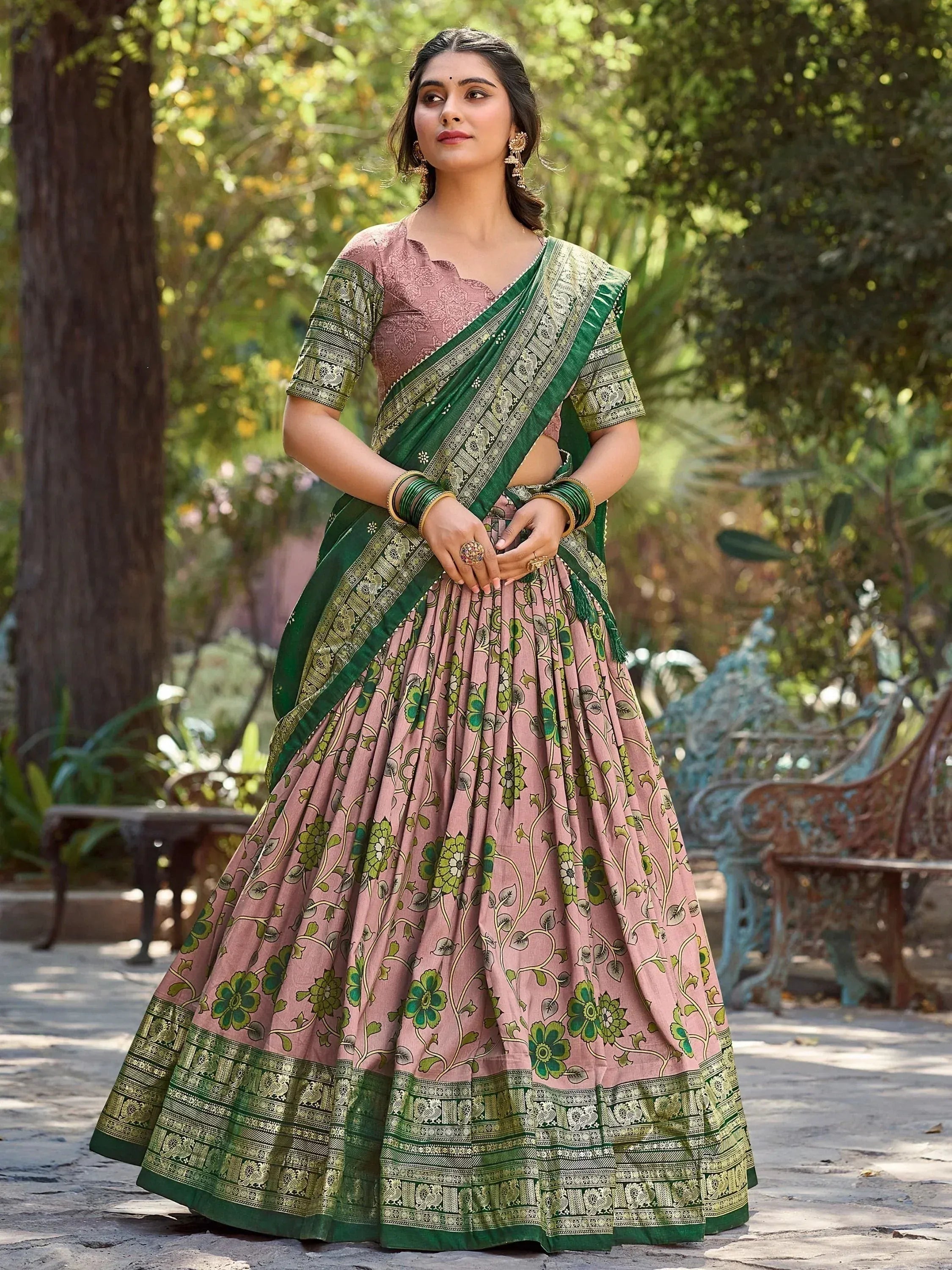 Pink floral lehenga choli with green dupatta, Indian ethnic wear for women