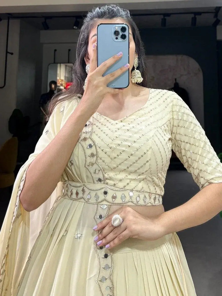 Awesome Cream Sequins Georgette Wedding Wear Lehenga Choli