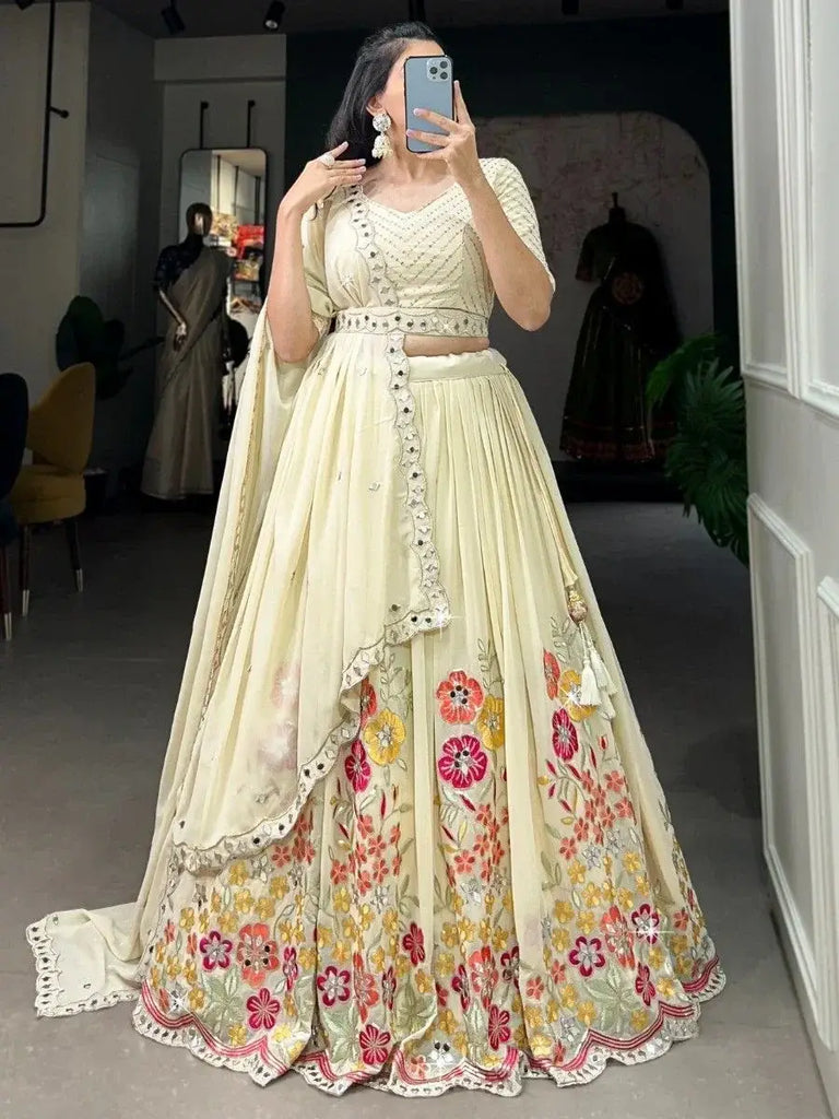 Awesome Cream Sequins Georgette Wedding Wear Lehenga Choli