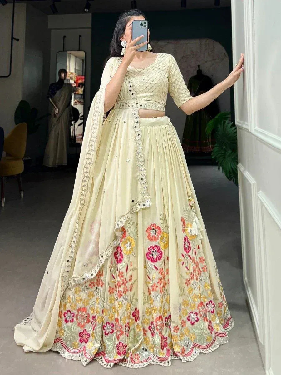 Cream floral embroidered lehenga choli with dupatta, Indian ethnic wear for women