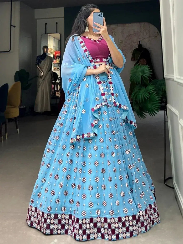 Marvelous Sky-Blue Mirror Work Georgette Designer Lehenga Choli